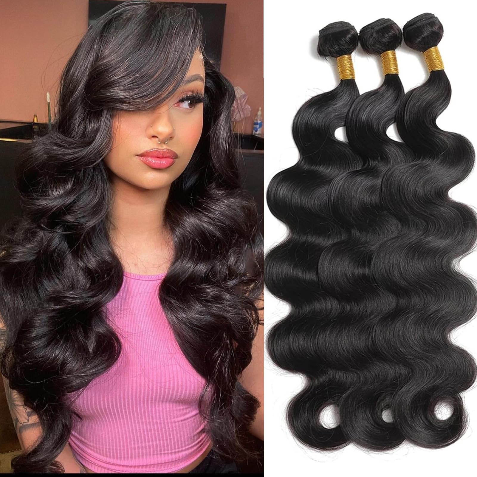 Brazilian Human Hair Bundles 20 22 24 Inch Body Wave Bundles Human Hair 12A 100% Unprocessed Virgin Hair Weave 3 Bundles Deals Natural Black Color (24 26 28 Inch, Body Wave 3 Bundles) — image 1