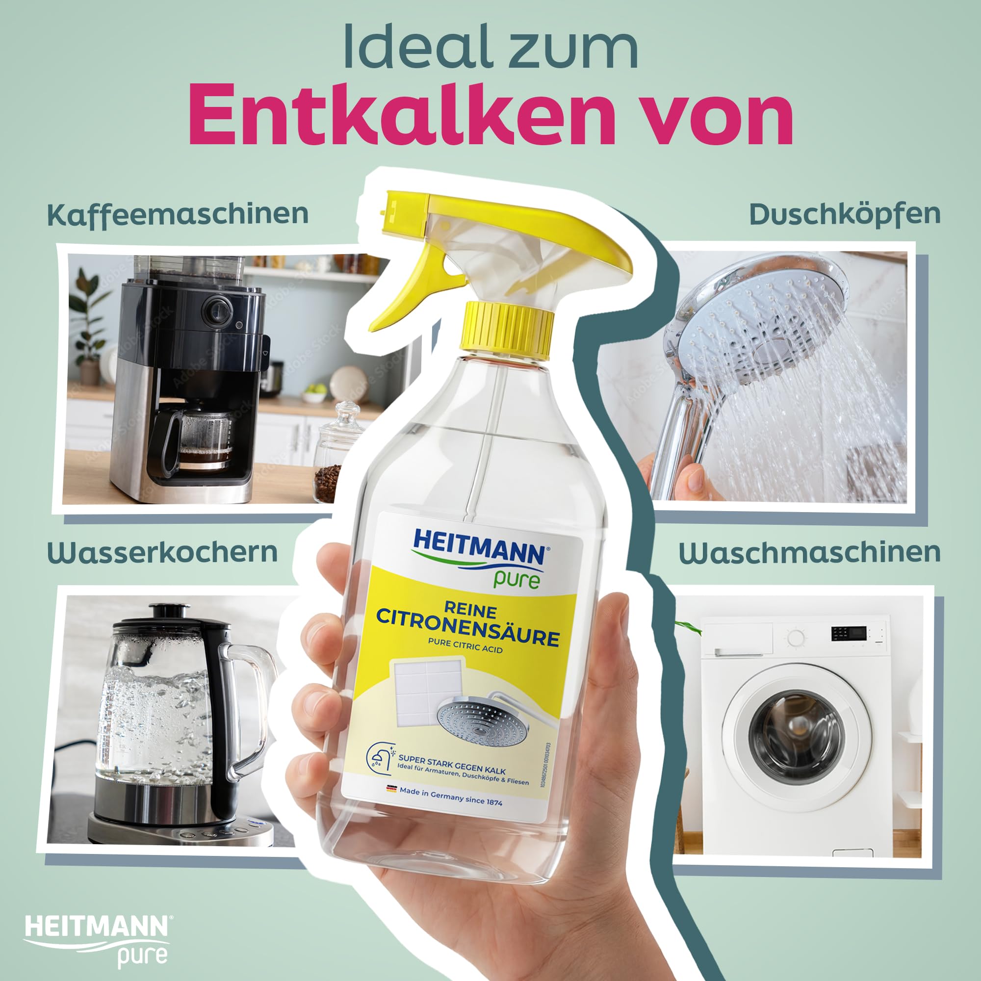 HEITMANN pure Reine Citronensäure | Leistungsstarkes Entkalker-Spray für Bad & Küche | Lebensmittelsauber | Entfernt Kalk & Verfärbungen auf Oberflächen & Armaturen | 500 ml 3