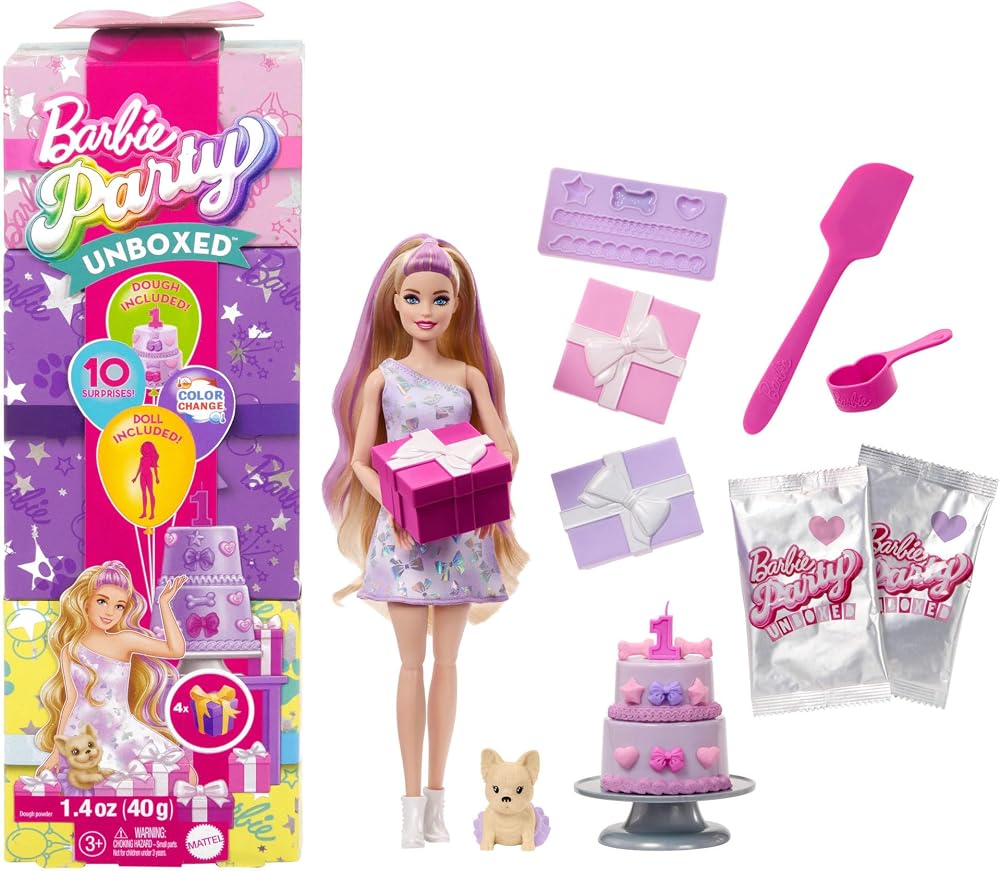 Barbie Party Unboxed Doll & Accessories 10 Surprises Birthday Bows Set JFG70