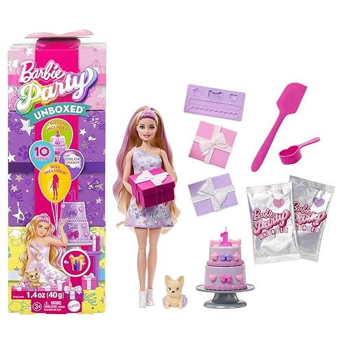 Barbie Party Unboxed Doll & Accessories, Pet Birthday Series Birthday Bows Set with 10 Surprises Including Color Change & Cake-Decorating Activity, JFG70