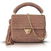 Handmade Caramel Crochet Shoulder Bag for Women | Gold Chain & Top Handle | Boho Knitted Purse | Elegant Evening