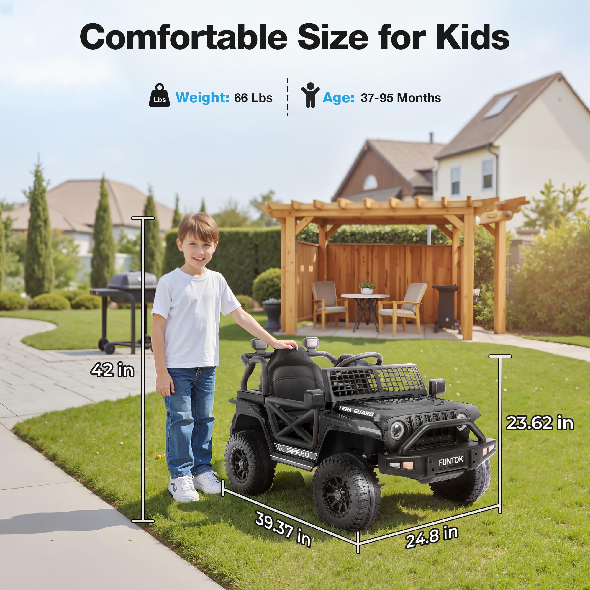 FUNTOK 12V 7AH Ride On Truck, Electric Car for Toddlers 1-3 w/Remote Control, LED Lights, 3 Speeds, Spring Suspension, Soft Start, Bluetooth Speaker, Music Player, Gifts for Boys and Girls (Black)