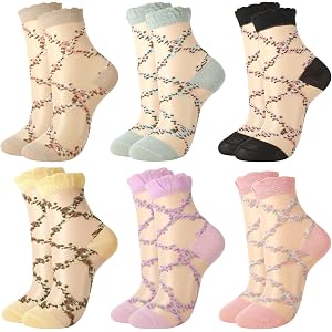 soxitoevy 6 Pairs Women's Sheer Ruffle Flowers Socks Cute Transparent Socks | Summer Cool Cute Crew Socks Thin Lace See Throu