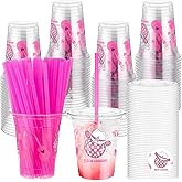 Blushtier 100 Set 12 oz Cowgirl Plastic Cups with Lid and Pink Straw Drinking Clear Cowgirl Reusable Cups Party Supplies for Preppy Party Decoration Women Gift