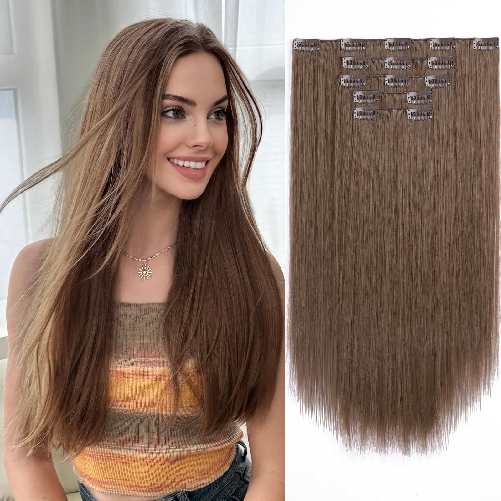 Photo 1 of StrRid Clip in Hair Extensions Straight 18 Inch Long Invisible Synthetic 5PCS Thick Clips on Hairpieces Heat Resistant Fake Extension for Women Weddings Party Daily Use Golden Copper 6.5 Oz