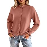Simplee Short Knit Fall Cardigan Sweaters Cute Ruffle Mock Neck Long Sleeve Button Down Open Front Cardigans Trendy Outfits