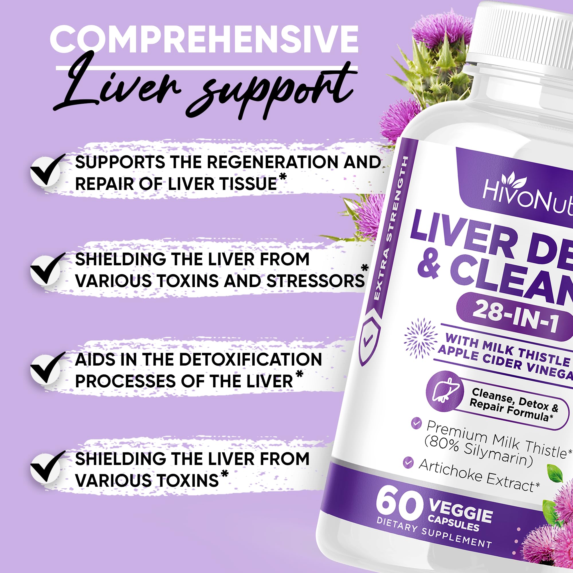 HivoNutra 28-in-1 Liver Cleanse Detox & Repair Supplement - Milk Thistle Silymarin, Artichoke Extract Dandelion & Apple Cider Vinegar, Astragalus - Liver Health Formula Support Pills Vegan Capsules