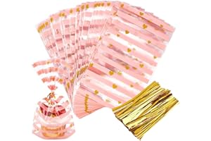 JOERSH 100 Pack Pink Cellophane Treat Bags 8.1" x 5" Bottom Gusset Pink Plastic Candy Bags with Twist Ties for Valentine, Birthday, Gift Goodie Cookie Snack Party Favor Supplies