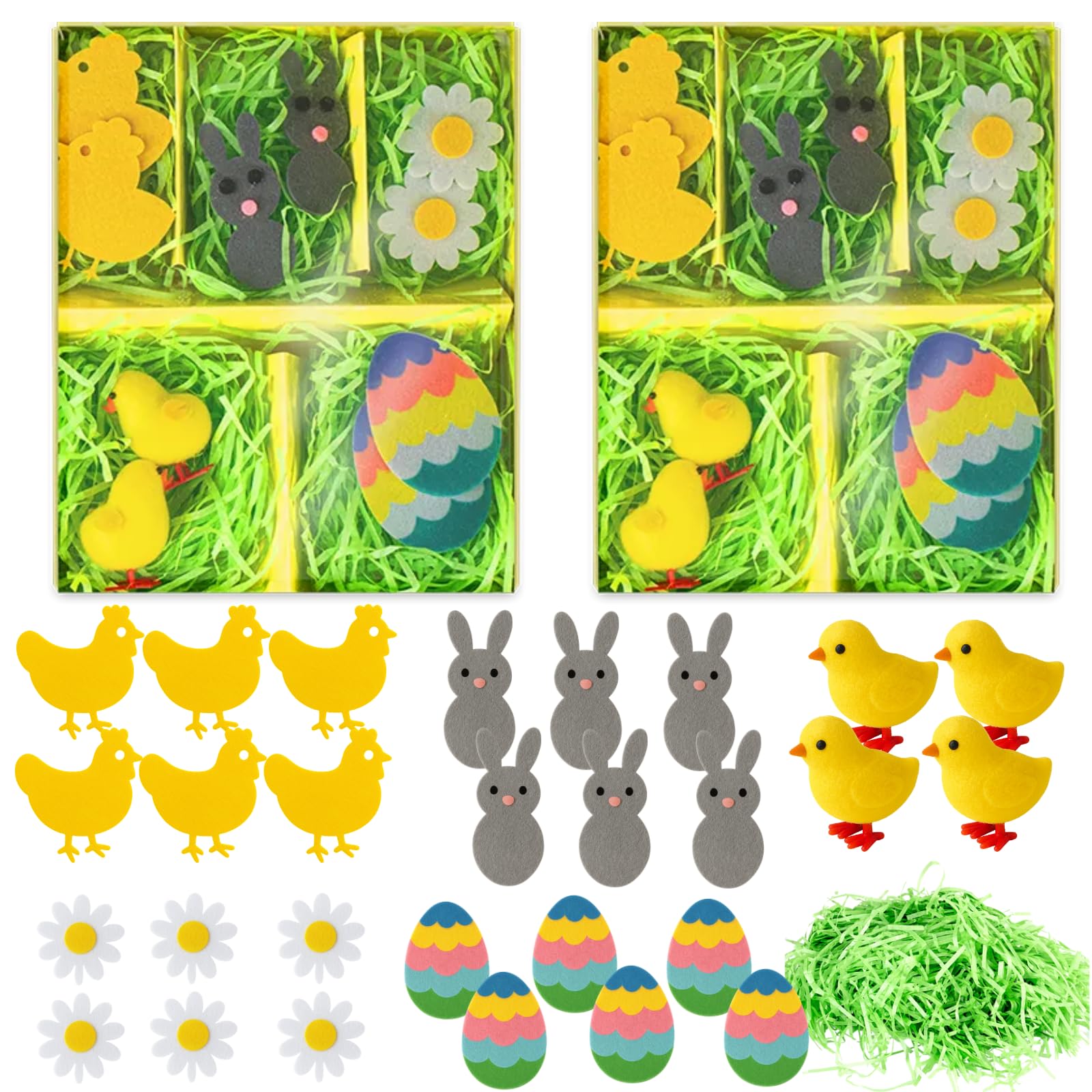 2x Easter Bonnet Decorations Kit - 30 Pieces Bonet Accessories Includes Felt Bunny, Chick, Eggs, Daisies and Grass – Easter Hat Decorating Kit for Boys Girls, Arts & Crafts Gift for Kids