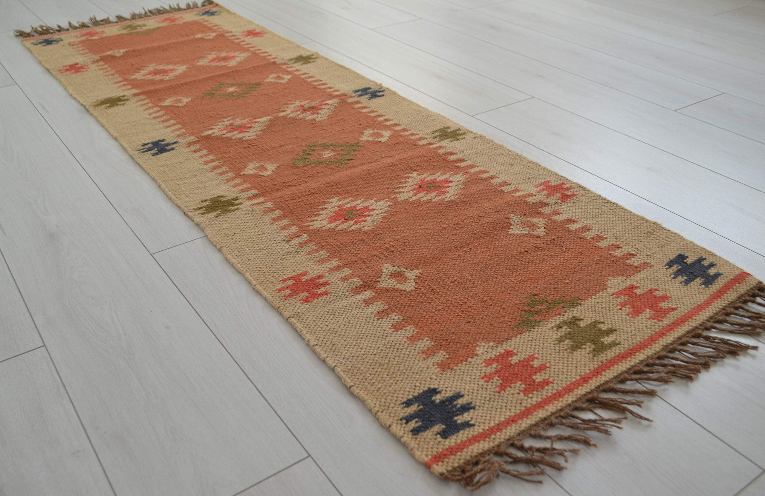 Designs Emporium Kilim Rug Runner Jute Hand Knotted Indian 60x180cm Orange Beige Style Morocco