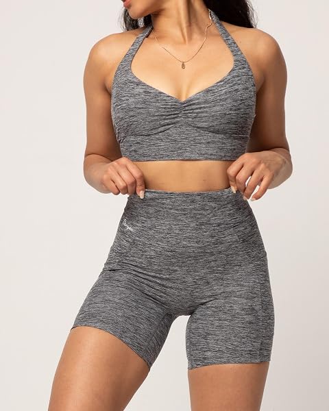 DANYSU BIKER SHORTS WITH POCKETS SCRUNCH BUTT BOOTY WORKOUT SHORTS HIGH WAISTED LIFTING ATHLETIC GYM BOTTOMS HEATHER FOG GREY S
