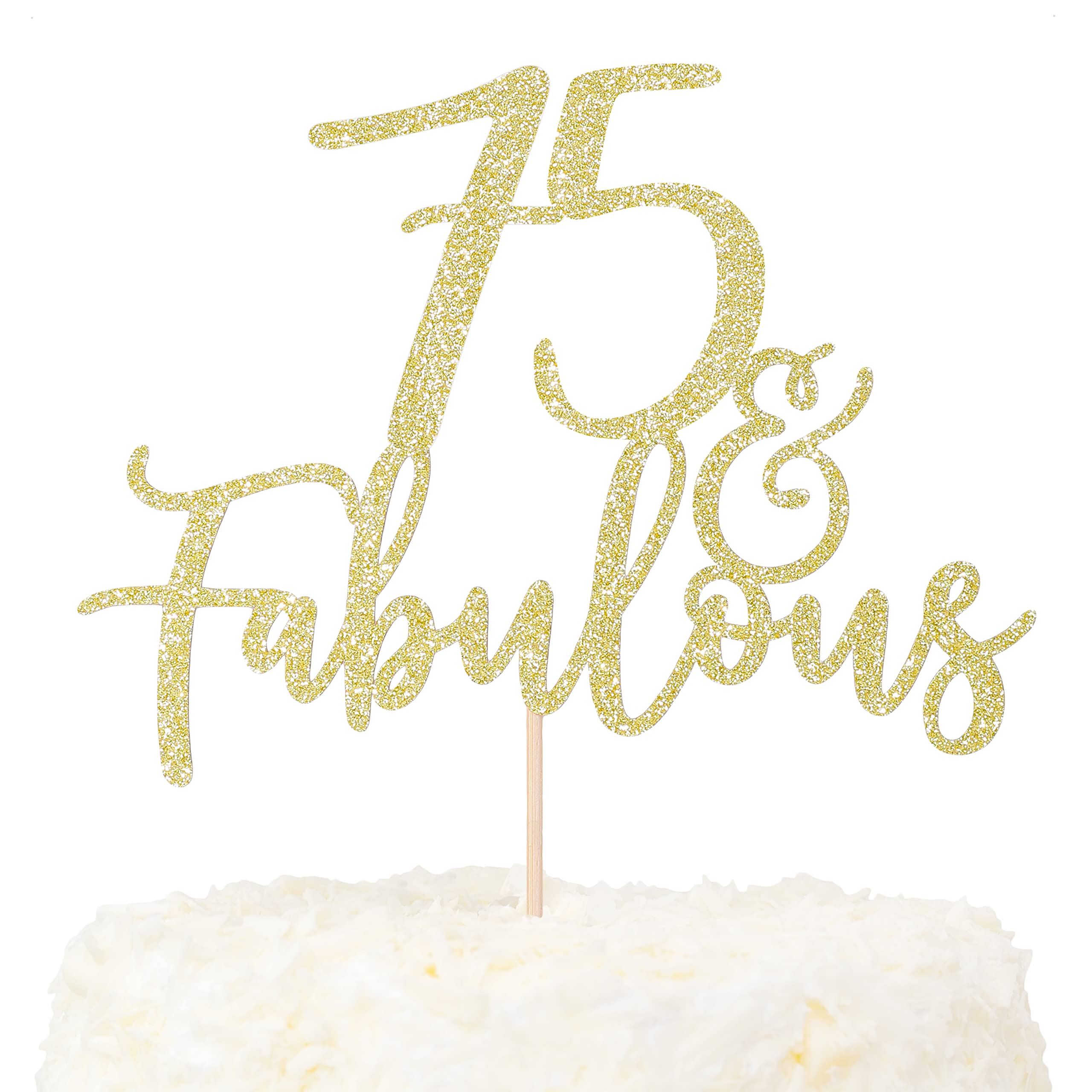 LOVENJOY 75 and Fabulous Birthday Cake Topper 75 Cake Decoration Gold Glittery for Happy 75th Birthday Party Decorating