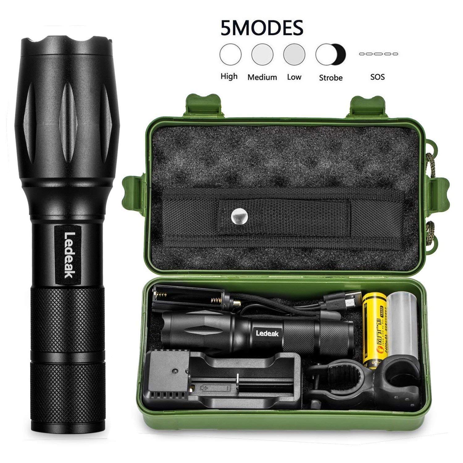 Ledeak Linterna LED Alta Potencia, 1200 Lúmenes CREE L2 Antorcha de Mano, 5 Modos Zoomable Impermeable Táctica con 18650 Batería...