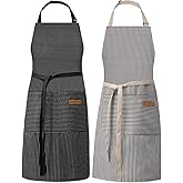 DILLMAN Kitchen Cooking Adjustable Aprons - Men Women Bib Soft Chef Stripes Apron with 2 Pockets