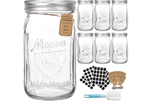 CycleMore 32oz 6 Pack Mason Glass Jars with Black Lids, Clear Regular Mouth Canning Jars for Jelly, Jam, Honey, Wedding Favor