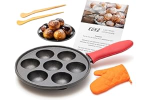 KUHA Cast Iron Aebleskiver Pan | Pre-Seasoned Pan for Authentic Danish Pancake Making, Poffertjes, Takoyaki, Appam & Paniyara