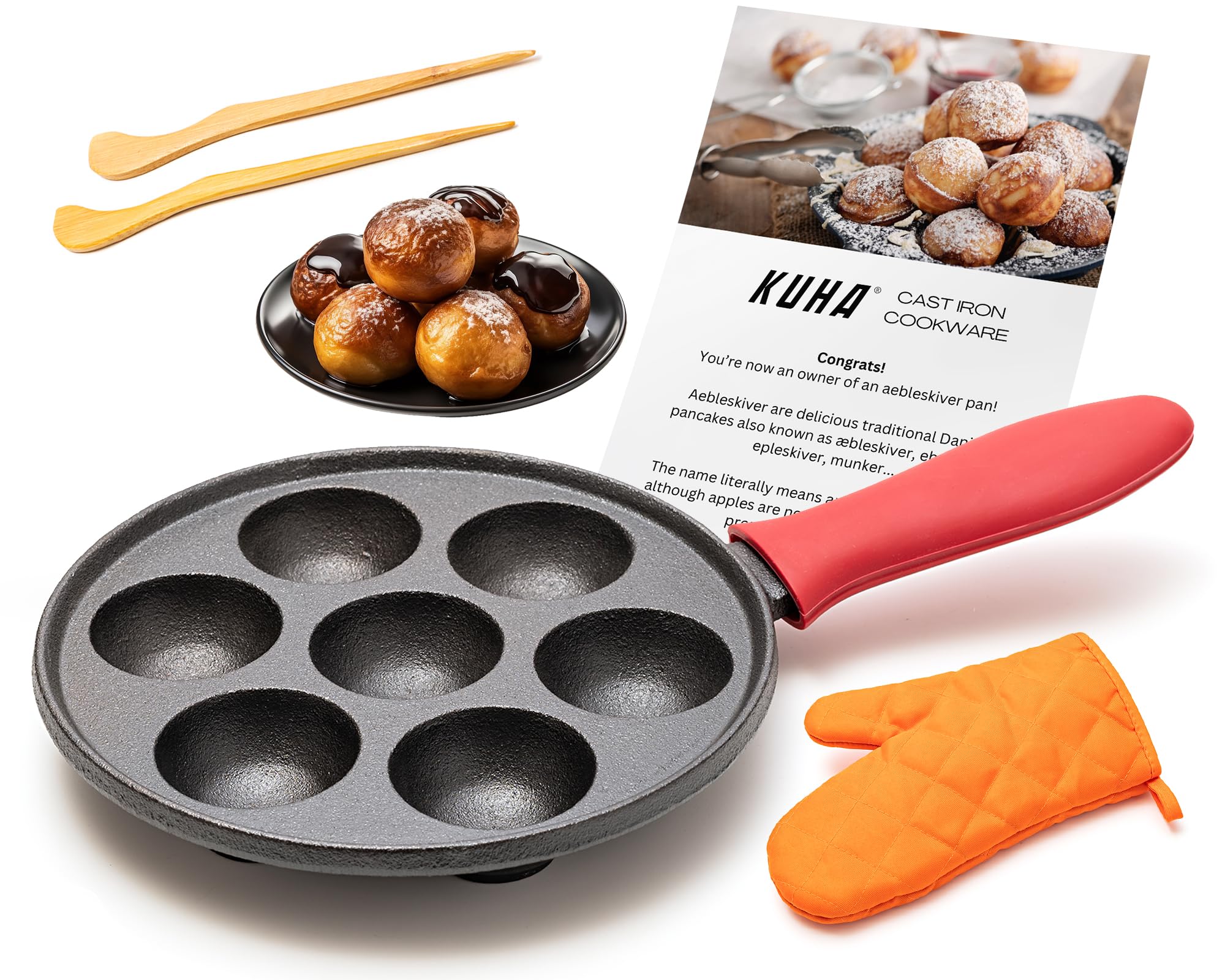 Photo 1 of KUHA Cast Iron Aebleskiver Pan – Authentic Danish Pancake Maker for Aebleskiver, Poffertjes, Takoyaki, Appam, Kuli Paniyaram – Pre-Seasoned Cast Iron for Gas & Electric Stovetops & Campfire