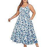 Hanna Nikole Women‘s Plus Size Casual Spaghetti Straps Bohemian Maxi Dress V Neck Flowy Dress with Pockets