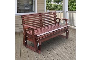 Beneouya 2-Seater Outdoor Glider Rocking Chair, 5FT Wood Patio Glider with High Roll Back, Cupholders and Deep Contoured for Porch, Garden, Dark Brown