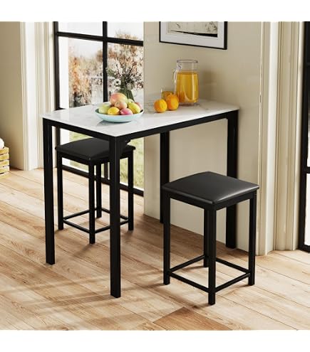 Table Haute GIANTEX + 2 Tabourets - Ensemble 3 Pièces Faux Marbre - Pour Cuisine, Salon, Petit Espace