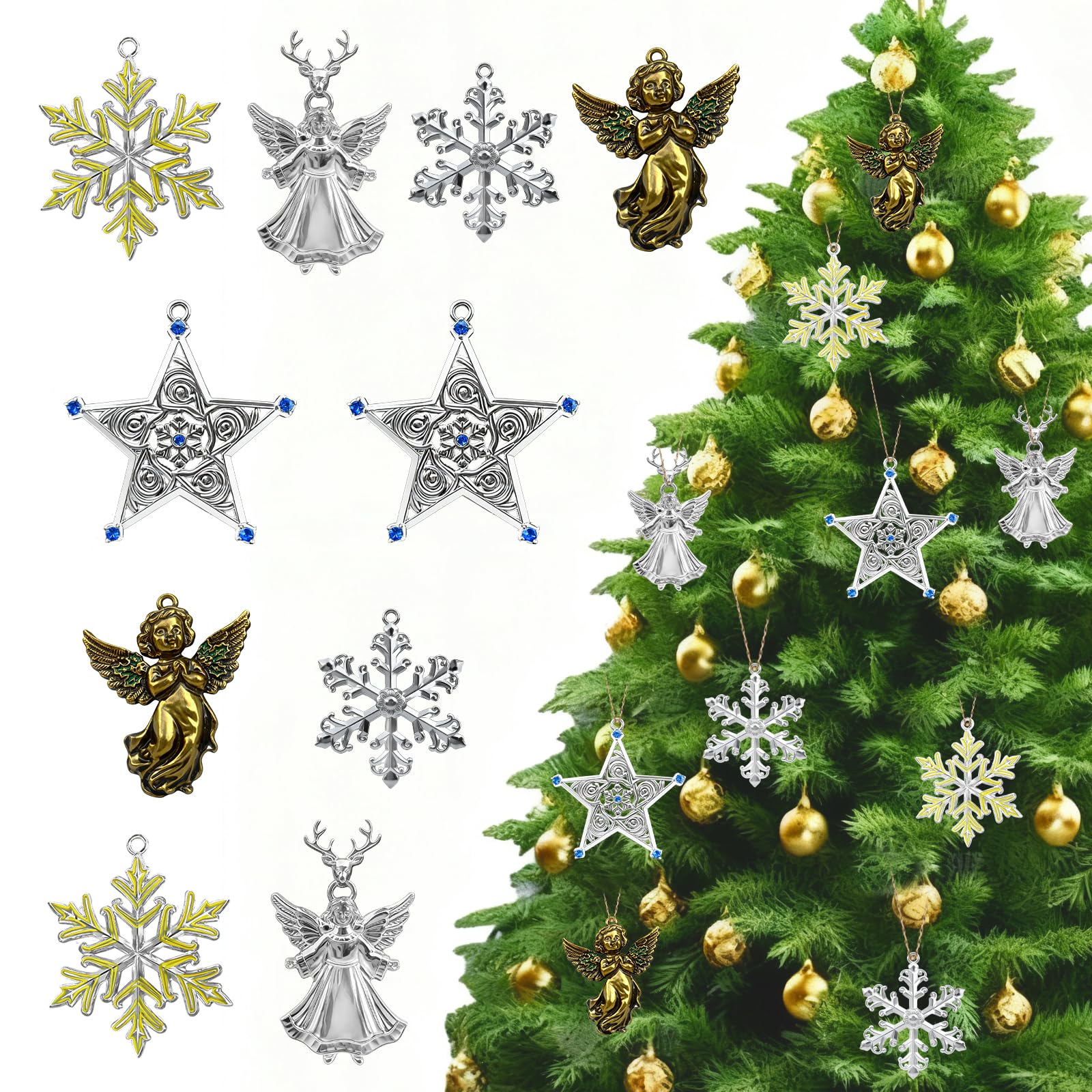 Photo 1 of 10Pcs Snowflakes Stars Metal Ornaments for Christmas Tree Angels Stars Christmas Decorations with Diamonds Ornament for Christmas Tree Hanging Party Deco