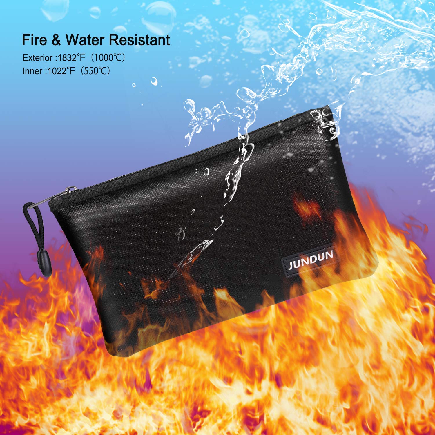 JUNDUN Fireproof Money Bag, 10.6"x6.7" Fire and Water Resistant Cash