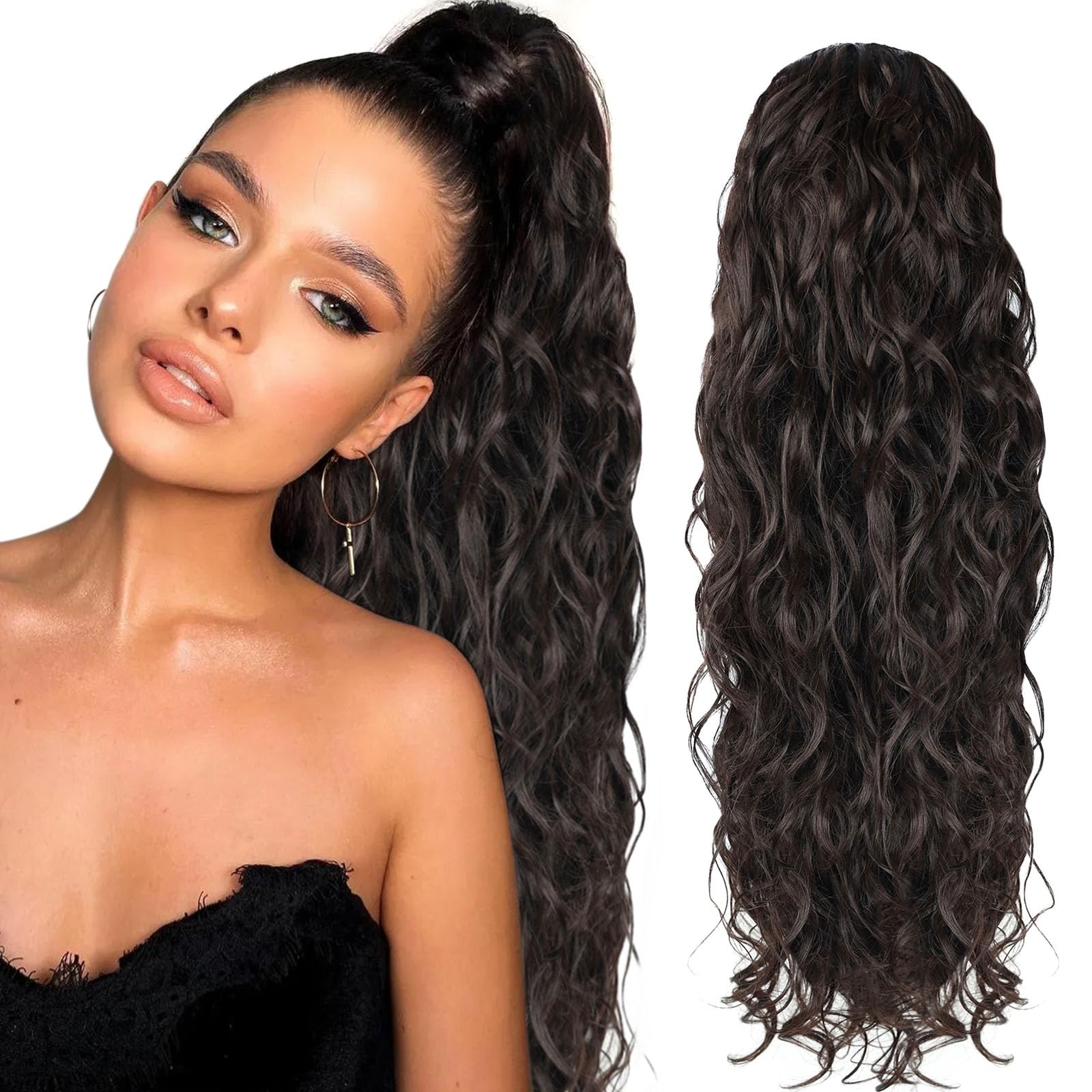 BEAUTY ON LINE Drawstring Ponytail - Long Curly Ponytail Extensions for Women Synthetic Drawstring Ponytail Hair Extensions 26 Inch Long Wavy Fake Ponytail Clip in Ponytail Extensions(2#)