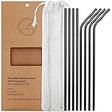 YIHONG Set of 8 Stainless Steel Metal Straws Ultra Long 10.5 Inch Reusable Straws For Tumblers Rumblers Cold Beverage Black (4 Straight|4 Bent|2 Brushes)