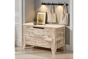 VECELO 30" Storage Chest with Lift Top Storage, Farmhouse Style Ottoman with Handwoven Wicker Cushion, Safety Hinges, Ideal for Entryway, Bedroom, Living Room, Burly Wood