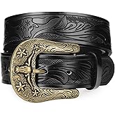 SANSTHS Western Belts for Men Women, Adjustable Mens Cowboy Country Belt for Pants Jeans with Vintage Engraved Leather