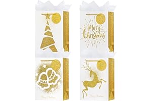 OFIHANLY 4 Pack 9" Small Size Christmas Gift Bags with Handles for Xmas Holiday Presents Gold Cute Paper Wrapping Bag with Tissue Paper for Kids