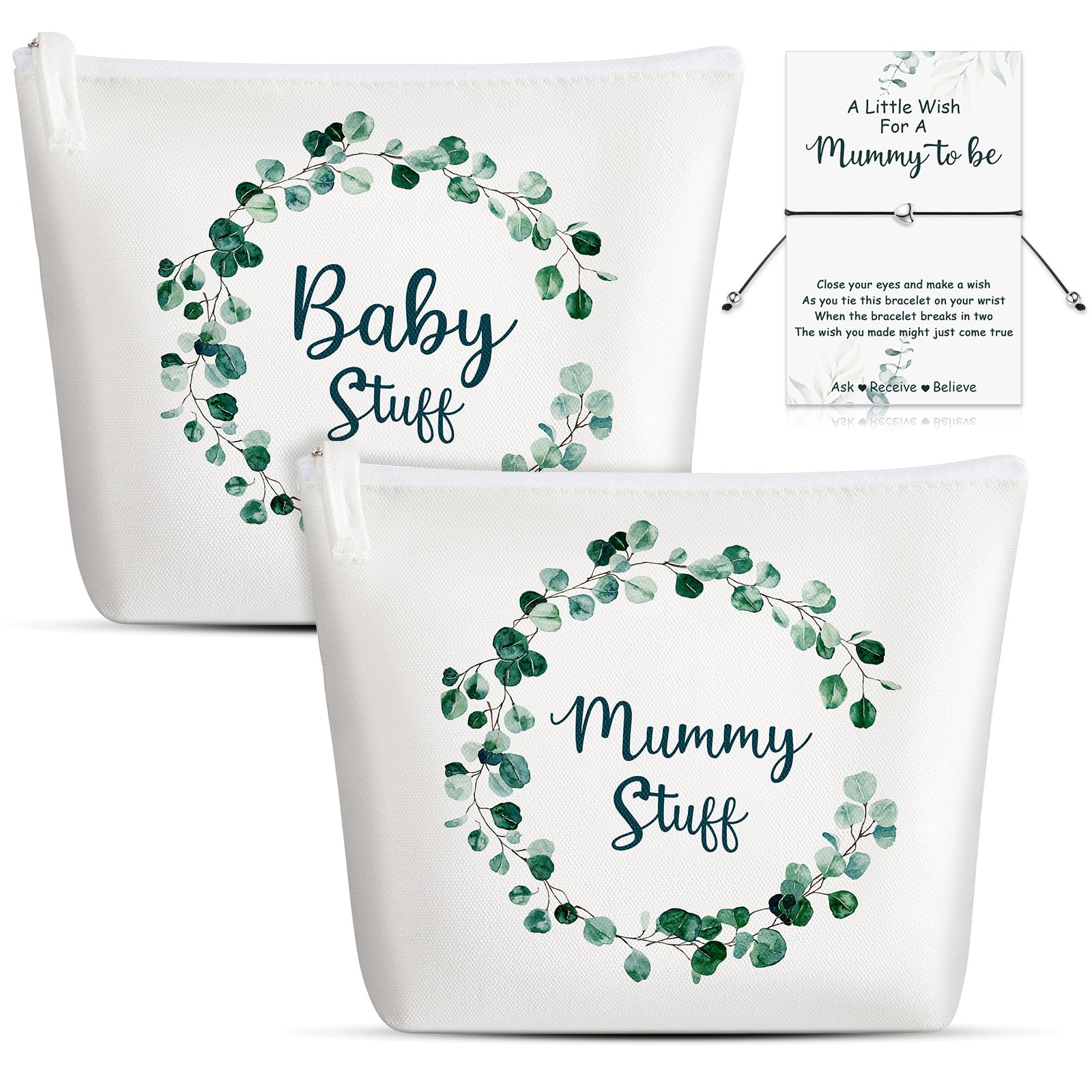 Ylinge Mum to Be Gifts for Baby Shower Pregnancy Set for Mummy to Be New Mum Gifts Cosmetic Bags Canvas Pouch Bags Mummy to Be Wish Bracelet with Cute Keepsake Card for Pregnant Presents
