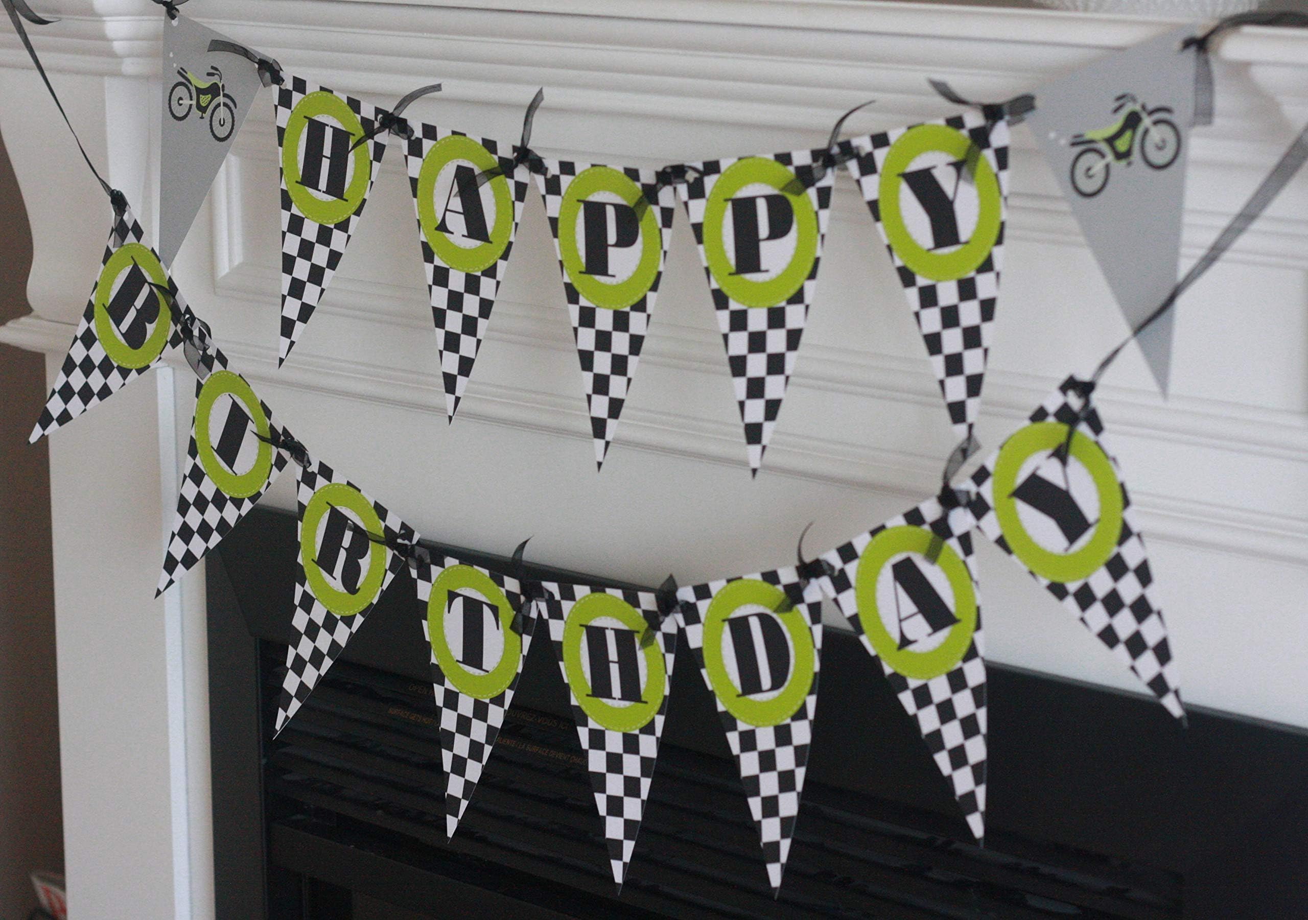 Happy Birthday Pennant Flag Checkered Flag Black Lime Green Motorcycle Motorcross Motor Bike Dirt Bike Theme Banner - Matching Items Available - Signs, Favor Tags, Cupcake Toppers etc.