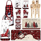 Whaline 15Pcs Christmas Kitchen Accessories Set Buffalo Plaid Snowman Xmas Tree Aprons Dish Towels Kitchen Rugs Wooden Spoons Oven Mitts Pot Holders for Home Housewarming Party Favors Gifts