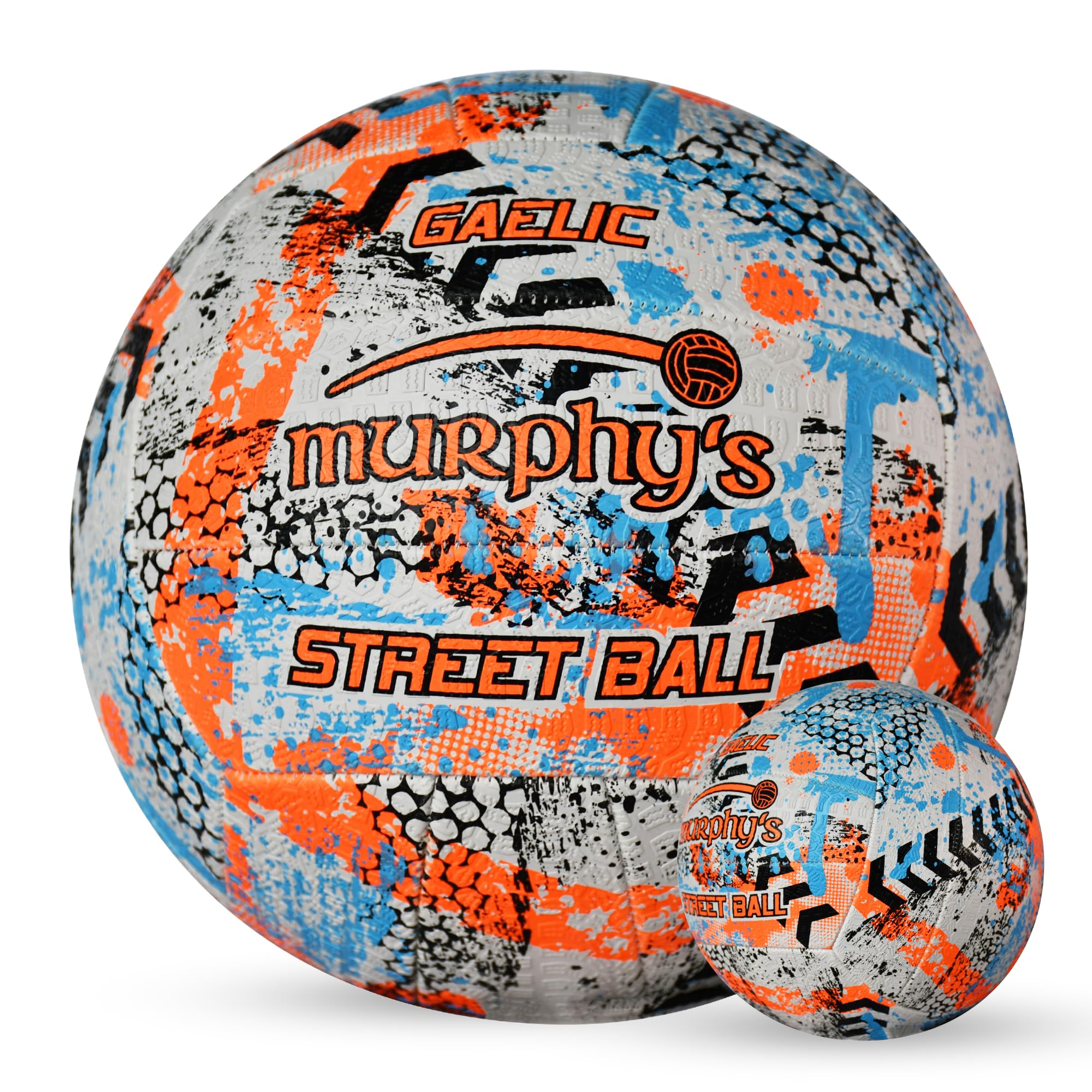 Murphy's Gaelic Street Trainer Footballs, Durable Vulcanised Rubber, Long Lasting Grip for Hard Surfaces, Size 4, White/Fluo Orange/Cyan