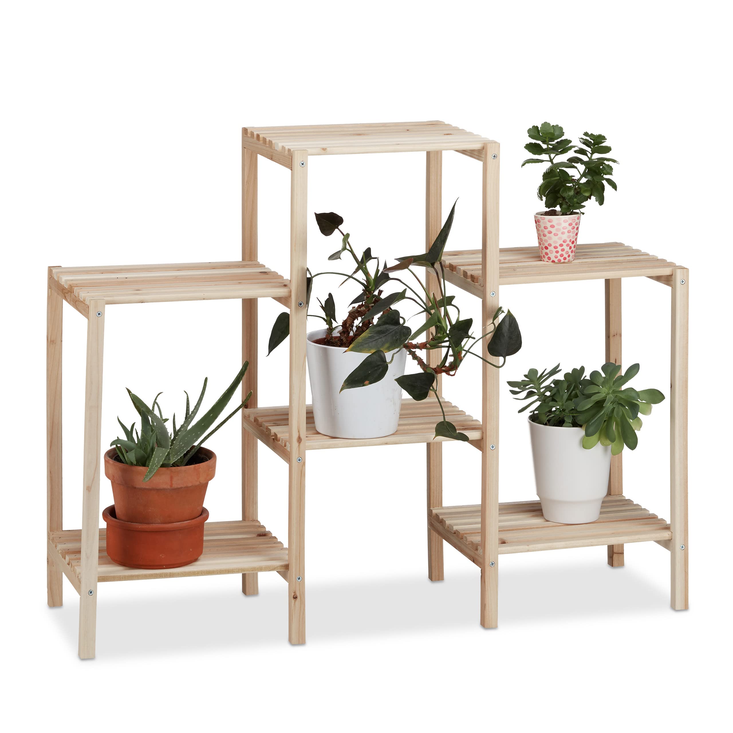 Relaxdays Wooden Plant Stand, Indoors Flower Ladder Rack, Solid, Stainless, HxWxD: 70 x 89 x 27 cm, Natural