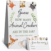 Guess How Many Animal Crackers are in the Jar，Watercolor Woodland Animals Baby Shower Decorations，(1 Sign+50 Cards), How Many Animal Crackers Birthday, Christmas, Funny Party Game