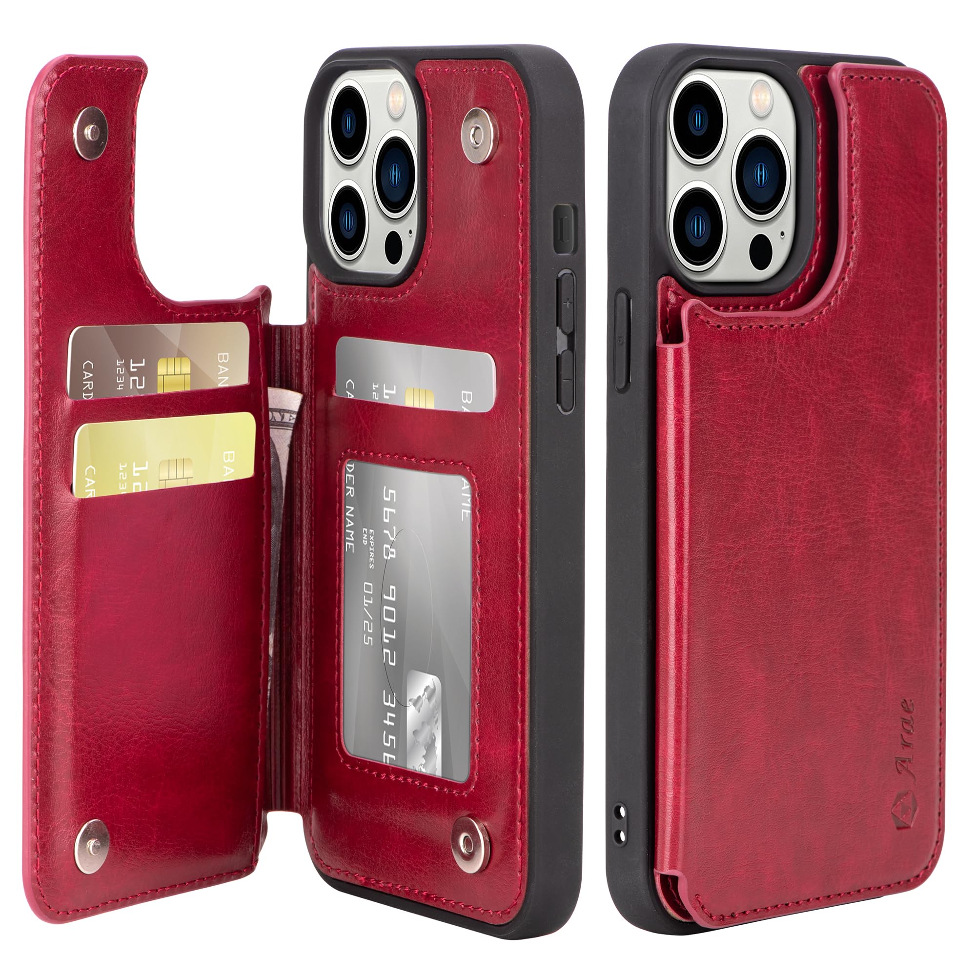 Photo 1 of Arae for iPhone 13 Pro Max Case [6.7 inch] - Wallet Case with PU Leather Card Pockets Back Flip Cover for iPhone 13 Pro Max 6.7 inch - Wine Red
