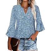 Gaharu Women's Work Blouses Ruffle 3/4 Sleeve Dressy Top V Neck Casual Chiffon Tunic Blouses Business Shirts