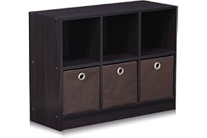 Furinno Basic 3x2 Cube Storage Bookcase Organizer with Bins, Dark Walnut
