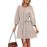 Ladyful Womens Gingham Dress Crewneck 3/4 Puff Sleeve Belted Shirt Dress Plaid Work Short Dresses with Hidden Button