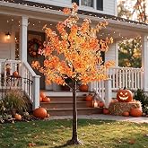 TYBEEU 6FT 5-Leaf Lucky Tree with 300 Warm White LEDs (Yellow&amp;Red Leaves) | Indoor Outdoor Lighted Christmas Tree | 4 Dimming Modes &amp; Timer | 16ft Extension Cord &amp; Stakes