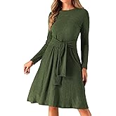 Allegra K Women's Sweater Dress Long Sleeve A Line Tie Waist Ribbed Knit Dresses