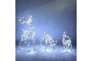 Joiedomi 3 Packs Christmas Decoration Deer Family, 185 LED Lighted Rattan Reindeers Yard Lights, Christmas Outdoor Decorations for Yard Garden Lawn, Xmas Decor, Cool White Deer