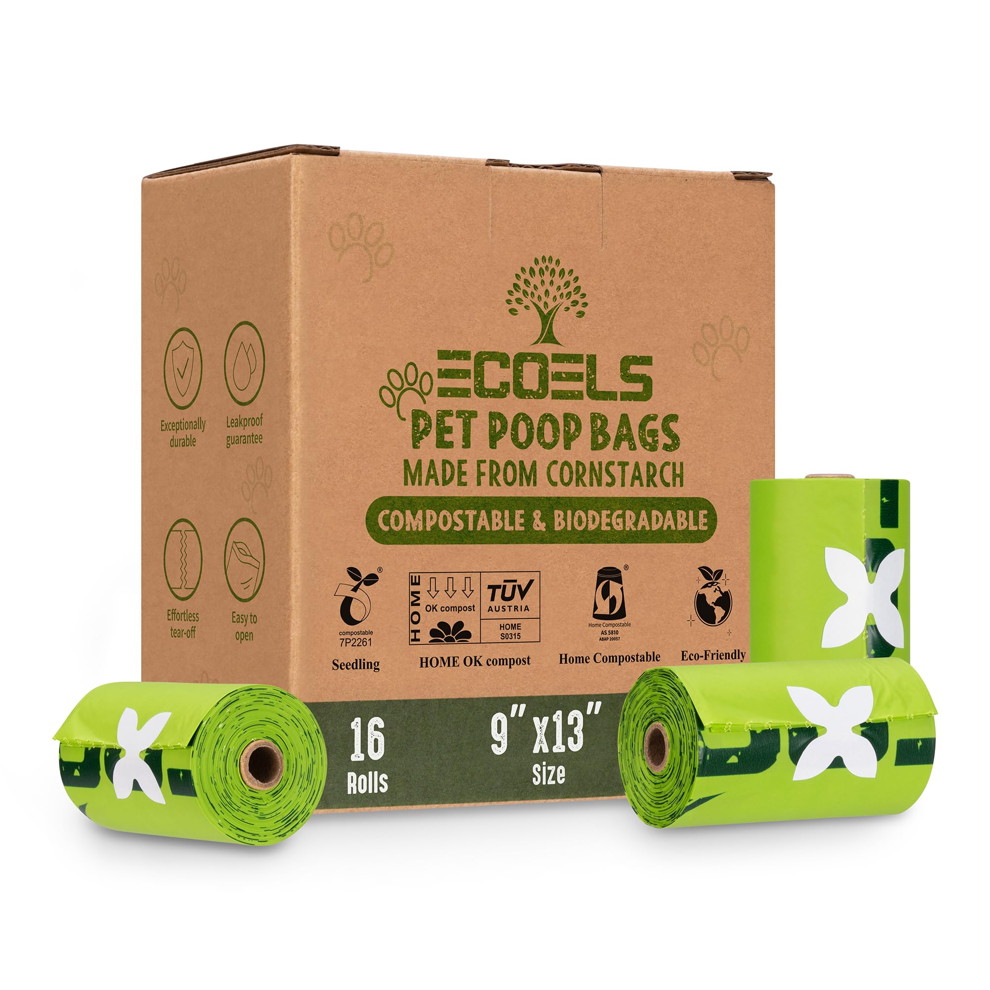 ECOELS Dog Poop Bags 240 16 Rolls 100% Compostable Biodegradable| Unscented Extra Large, Strong & Leakproof Poop Bags- Cornstarch Made Dog Poo Bags Certified OK HOME COMPOST, EN13432 & US-ASTM