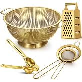 Sawysine 5 Pcs Gold Kitchen Appliances Includes 5 Quart Gold Colander and 2 Pcs Strainer Set, Lemon Squeezer, Stainless Steel 4 Sides Grater Slicer with Handle for Kitchen