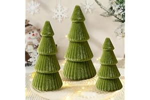 OUMUAMUA Christmas Table Decorations Indoor- 3 Pcs Flocked Velvet Christmas Trees with Lights, Modern Cone Christmas Tree Tabletop Centerpieces for Xmas Party Tabletop Mantel Tiered Tray Home Decor Olive Green