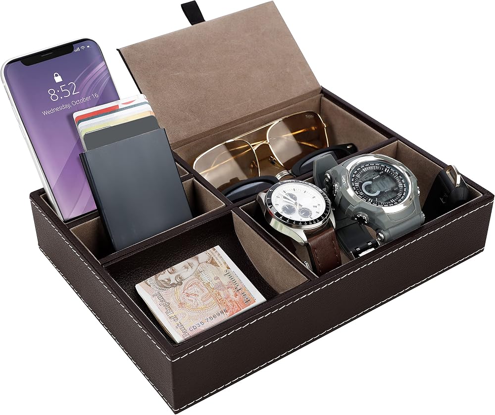 BELLE VOUS Brown Faux Leather 5 Compartment Valet Organiser Tray