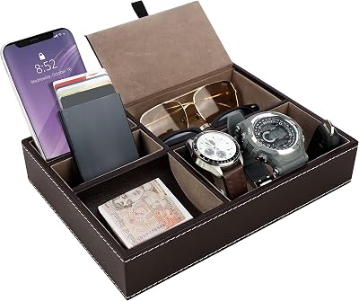 BELLE VOUS Brown Faux Leather 5 Compartment Valet Organiser Tray