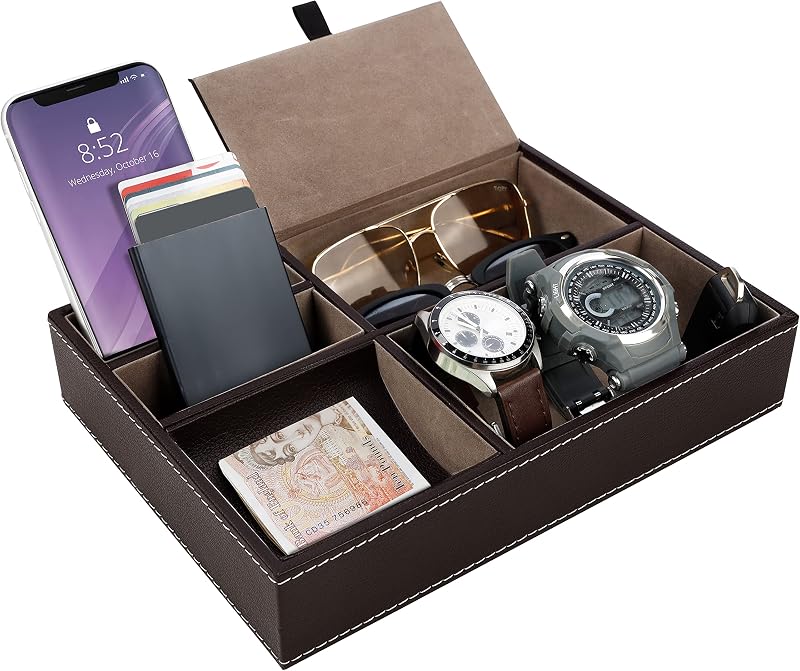 BELLE VOUS Brown Faux Leather 5 Compartment Valet Organiser Tray